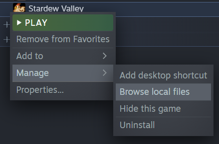 Screenshot of Stardew Valley entry in Steam, right-clicked.
